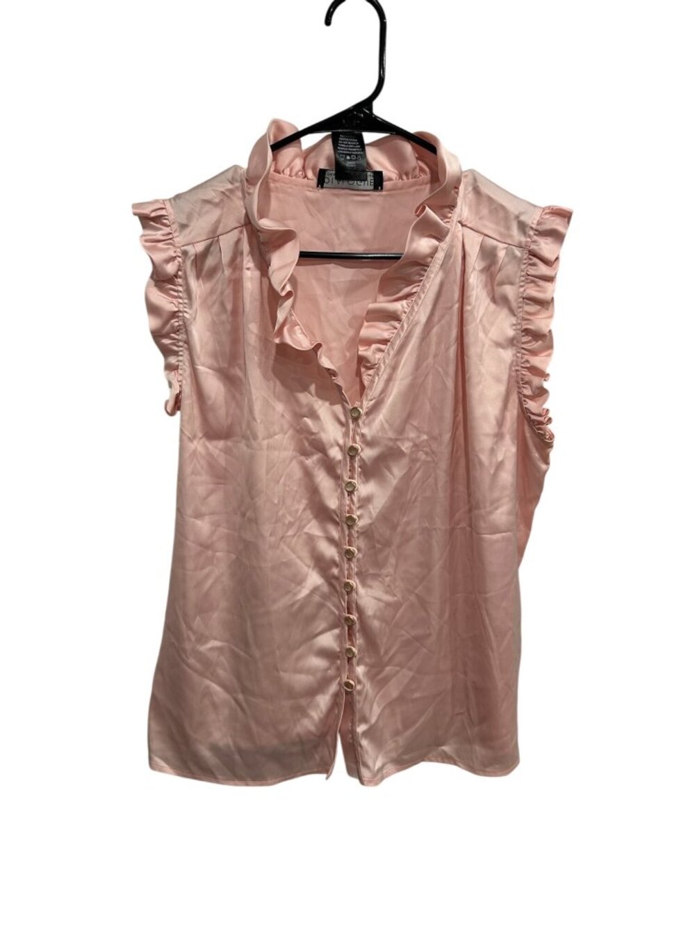 Dialogue Button Front Blouse Pink Sz Large Ruffle Trim Satin Feminine Stylish